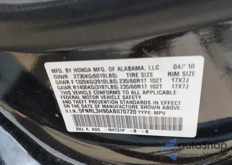 2010 Honda Odyssey Touring z USA, uszkodzony, nr VIN 5FNRL3H90AB070720